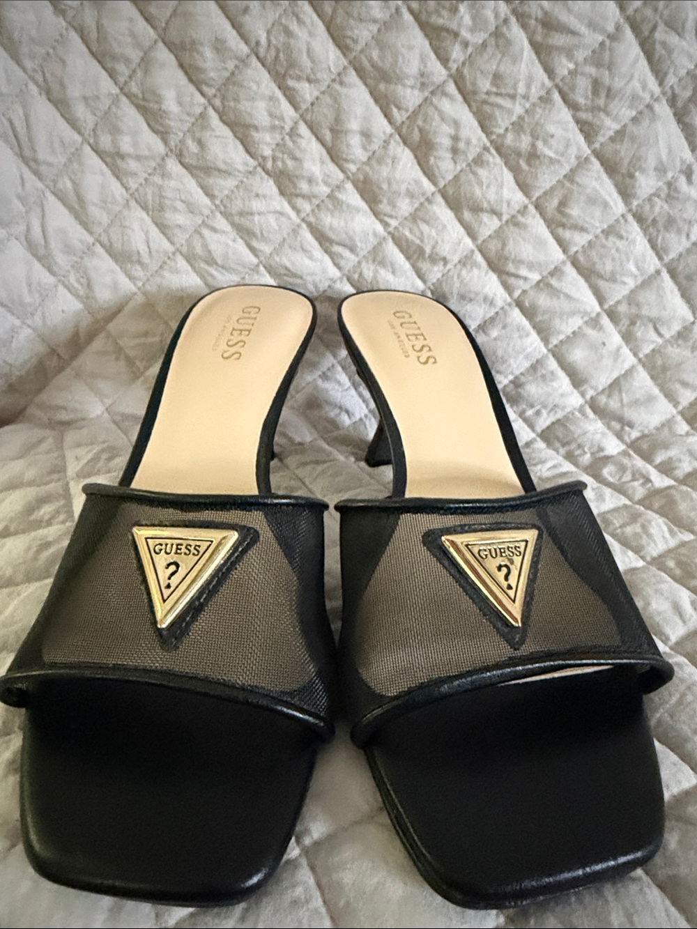 GUESS Black Mesh Slip-On Heeled Mules with Gold Logo